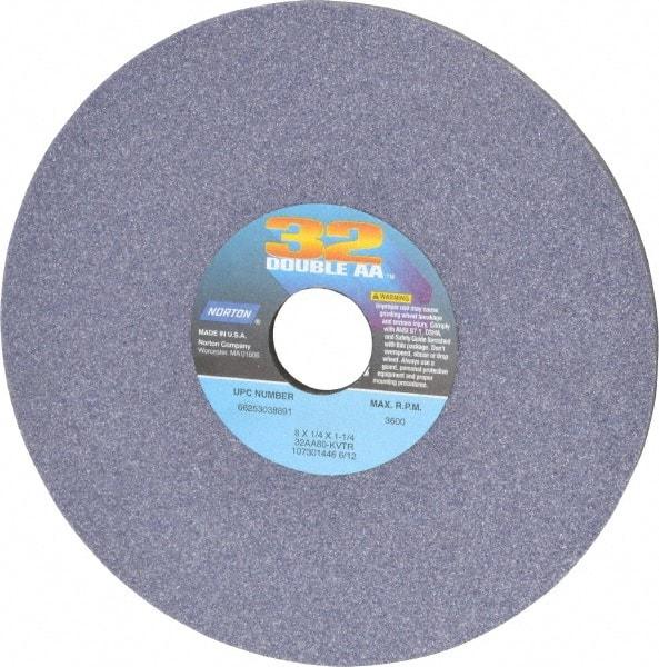 Norton - 8" Diam x 1-1/4" Hole x 1/4" Thick, K Hardness, 80 Grit Surface Grinding Wheel - Aluminum Oxide, Type 1, Medium Grade, 3,600 Max RPM, Vitrified Bond, No Recess - Caliber Tooling