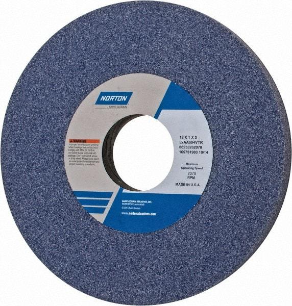 Norton - 12" Diam x 3" Hole x 1" Thick, I Hardness, 60 Grit Surface Grinding Wheel - Aluminum Oxide, Type 1, Medium Grade, 2,070 Max RPM, Vitrified Bond, No Recess - Caliber Tooling