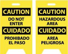 NMC - Caution - Do Not Enter, Caution - Hazardous Area, 12" Wide x 19" High, Plastic Floor Sign - English/Spanish, A-Frame, Black on Yellow, For Security & Admittance - Caliber Tooling