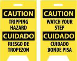 NMC - Caution - Tripping Hazard, Caution - Watch Your Step, 12" Wide x 19" High, Plastic Floor Sign - English/Spanish, A-Frame, Black on Yellow, For Accident Prevention - Caliber Tooling