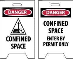 NMC - Danger - Confined Space, Danger - Confined Space - Enter by Permit Only, 12" Wide x 19" High, Plastic Floor Sign - A-Frame, Red & Black on White, For Accident Prevention - Caliber Tooling