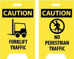 NMC - Caution - Forklift Traffic, Caution - No Pedestrian Traffic, 12" Wide x 19" High, Plastic Floor Sign - A-Frame, Black on Yellow, For Accident Prevention - Caliber Tooling