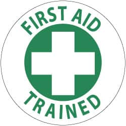 NMC - First Aid Trained, Hard Hat Label - Green on White, 2" Thick, For Accident Prevention - Caliber Tooling