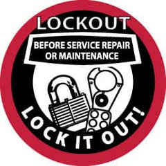 NMC - Lockout Before Service Repair or Maintenance - Lock It Out, Hard Hat Label - Black & Red on White, 2" Thick, For Accident Prevention - Caliber Tooling