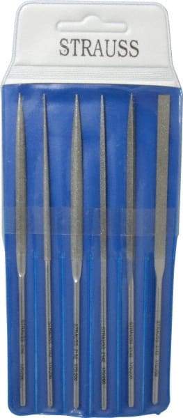 Strauss - 6 Piece Diamond Pattern File Set - 5-1/2" Long, Fine Coarseness, Round Handle, Set Includes Crossing, Equalling, Half Round, Round, Square, Three Square - Caliber Tooling