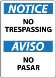 NMC - "Notice - No Trespassing", 14" Long x 10" Wide, Aluminum Safety Sign - Rectangle, 0.04" Thick, Use for Security & Admittance - Caliber Tooling