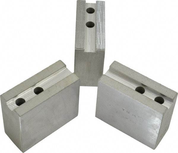 H & R Manufacturing - 11" Chuck Capacity, 1.5mm x 60° Serrated Attachment, Square Soft Lathe Chuck Jaw - 3 Jaws, Aluminum, 1.181" Btw Mount Hole Ctrs, 4" Long x 1-3/4" Wide x 3-1/2" High, 0.63" Groove, 12mm Fastener - Caliber Tooling