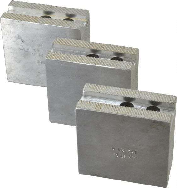 H & R Manufacturing - 8" Chuck Capacity, 1.5mm x 60° Serrated Attachment, Square Soft Lathe Chuck Jaw - 3 Jaws, Aluminum, 1" Btw Mount Hole Ctrs, 3-1/2" Long x 1-1/2" Wide x 3-1/2" High, 0.551" Groove, 12mm Fastener - Caliber Tooling