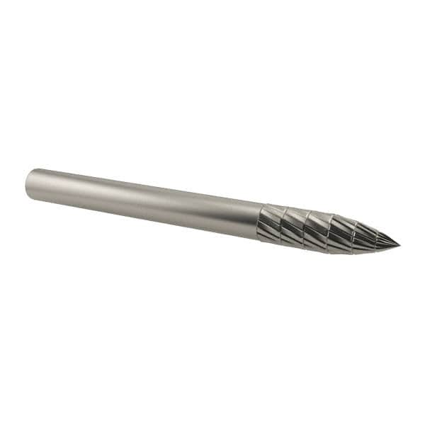 SGS Pro - 1/8" Cut Diam, 1/8" Shank Diam, Tree Head Double Cut Burr - Carbide, Point End, 3/8" LOC, 1-1/2" OAL - Caliber Tooling