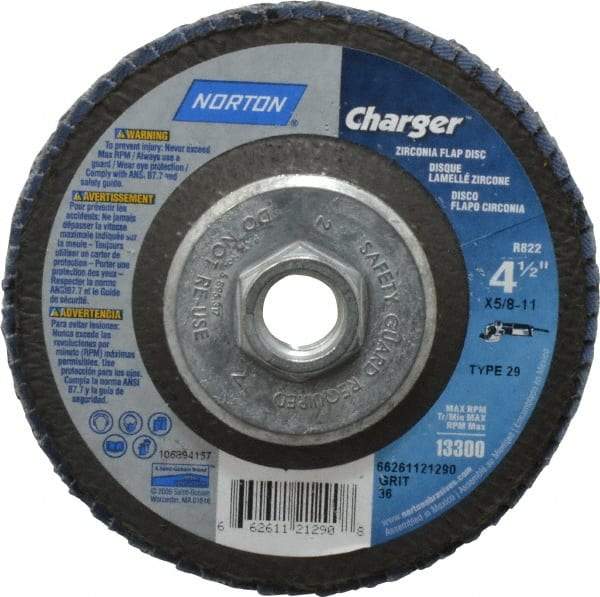 Norton - 36 Grit, 4-1/2" Disc Diam, 5/8-11 Center Hole, Type 29 Zirconia Alumina Flap Disc - 13,000 Max RPM, Fiberglass Backing, Arbor Attaching System, Coated - Caliber Tooling