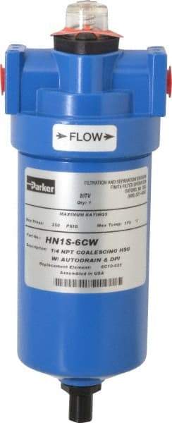 Parker - 1/4" Port, 8.8" High x 3.11" Wide, FRL Filter with Aluminum Bowl & Manual Drain - 15 SCFM, 250 Max psi, 175°F Max - Caliber Tooling