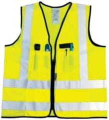 OccuNomix - Size XL High Visibility Yellow Solid Surveyor's Vest - 44 to 46" Chest, ANSI 107-2015, Zipper Closure, 12 Pockets, Polyester - Caliber Tooling