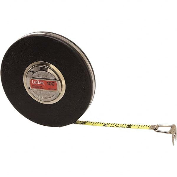 Lufkin - 100' x 3/8" Yellow Steel Blade Tape Measure - 1/10" Graduation, Black Steel Case - Caliber Tooling