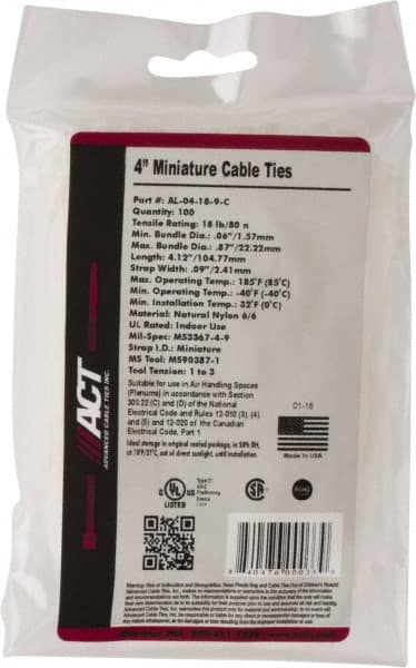 Made in USA - 4-1/8" Long Natural (Color) Nylon Standard Cable Tie - 18 Lb Tensile Strength, 1.07mm Thick, 22.23mm Max Bundle Diam - Caliber Tooling