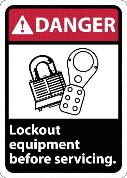 NMC - "Danger - Lock Out Equipment Before Servicing", 10" Long x 7" Wide, Rigid Plastic Safety Sign - Rectangle, 0.05" Thick, Use for Accident Prevention - Caliber Tooling