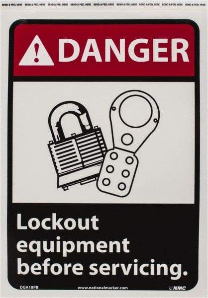 NMC - "Danger - Lock Out Equipment Before Servicing", 14" Long x 10" Wide, Pressure-Sensitive Vinyl Safety Sign - Rectangle, 0.004" Thick, Use for Accident Prevention - Caliber Tooling