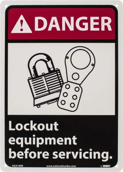 NMC - "Danger - Lock Out Equipment Before Servicing", 14" Long x 10" Wide, Rigid Plastic Safety Sign - Rectangle, 0.05" Thick, Use for Accident Prevention - Caliber Tooling