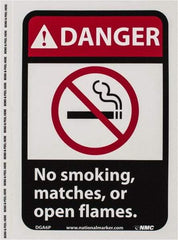 NMC - "Danger - No Smoking, Matches or Open Flames", 10" Long x 7" Wide, Pressure-Sensitive Vinyl Safety Sign - Rectangle, 0.004" Thick, Use for Accident Prevention - Caliber Tooling