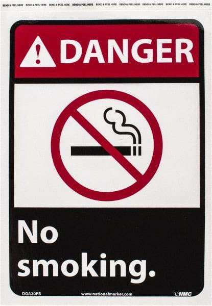 NMC - "Danger - No Smoking", 14" Long x 10" Wide, Pressure-Sensitive Vinyl Safety Sign - Rectangle, 0.004" Thick, Use for Accident Prevention - Caliber Tooling