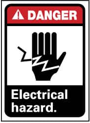 NMC - "Danger - Electrical Hazard", 14" Long x 10" Wide, Pressure-Sensitive Vinyl Safety Sign - Rectangle, 0.004" Thick, Use for Accident Prevention - Caliber Tooling