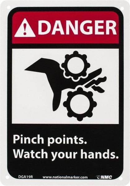 NMC - "Danger - Pinch Points - Watch Your Hands", 10" Long x 7" Wide, Rigid Plastic Safety Sign - Rectangle, 0.05" Thick, Use for Accident Prevention - Caliber Tooling