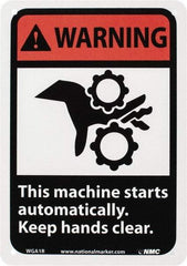 NMC - "Warning - This Machine Starts Automatically - Keep Hands Clear", 10" Long x 7" Wide, Rigid Plastic Safety Sign - Rectangle, 0.05" Thick, Use for Accident Prevention - Caliber Tooling