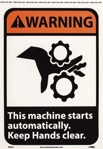 NMC - "Warning - This Machine Starts Automatically - Keep Hands Clear", 14" Long x 10" Wide, Pressure-Sensitive Vinyl Safety Sign - Rectangle, 0.004" Thick, Use for Accident Prevention - Caliber Tooling