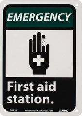 NMC - "Emergency - First Aid Station", 10" Long x 7" Wide, Rigid Plastic Safety Sign - Rectangle, 0.05" Thick, Use for First Aid - Caliber Tooling