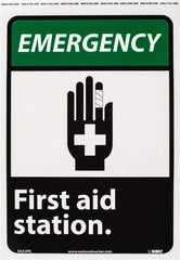 NMC - "Emergency - First Aid Station", 14" Long x 10" Wide, Pressure-Sensitive Vinyl Safety Sign - Rectangle, 0.004" Thick, Use for First Aid - Caliber Tooling