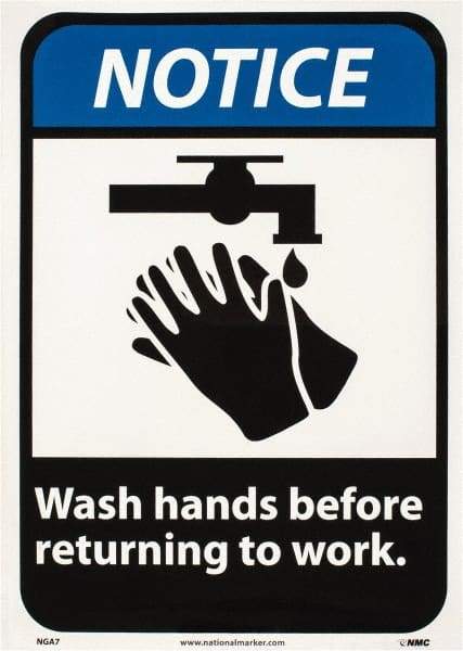 NMC - "Notice - Wash Hands Before Returning to Work", 14" Long x 10" Wide, Pressure-Sensitive Vinyl Safety Sign - Rectangle, 0.004" Thick, Use for Restroom, Janitorial & Housekeeping - Caliber Tooling