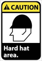 NMC - "Caution - Hard Hat Area", 10" Long x 7" Wide, Pressure-Sensitive Vinyl Safety Sign - Rectangle, 0.004" Thick, Use for Accident Prevention - Caliber Tooling