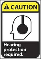 NMC - "Caution - Hearing Protection Required", 14" Long x 10" Wide, Pressure-Sensitive Vinyl Safety Sign - Rectangle, 0.004" Thick, Use for Accident Prevention - Caliber Tooling