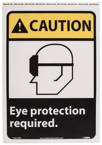 NMC - "Caution - Eye Protection Required", 14" Long x 10" Wide, Pressure-Sensitive Vinyl Safety Sign - Rectangle, 0.004" Thick, Use for Accident Prevention - Caliber Tooling