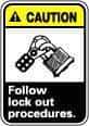 NMC - "Caution - Follow Lock-Out Procedures", 10" Long x 7" Wide, Pressure-Sensitive Vinyl Safety Sign - Rectangle, 0.004" Thick, Use for Accident Prevention - Caliber Tooling