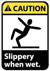 NMC - "Caution - Slippery When Wet", 10" Long x 7" Wide, Pressure-Sensitive Vinyl Safety Sign - Rectangle, 0.004" Thick, Use for Accident Prevention - Caliber Tooling