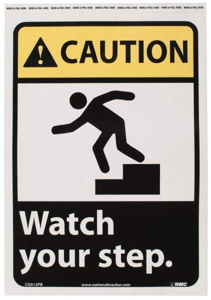 NMC - "Caution - Watch Your Step", 14" Long x 10" Wide, Pressure-Sensitive Vinyl Safety Sign - Rectangle, 0.004" Thick, Use for Accident Prevention - Caliber Tooling