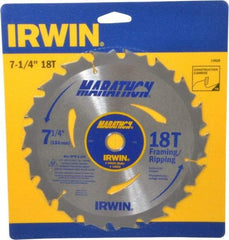 Irwin - 7-1/4" Diam, 5/8" Arbor Hole Diam, 18 Tooth Wet & Dry Cut Saw Blade - Carbide-Tipped, Framing & Ripping Action, Diamond Arbor - Caliber Tooling