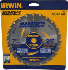 Irwin - 7-1/4" Diam, 5/8" Arbor Hole Diam, 24 Tooth Wet & Dry Cut Saw Blade - Carbide-Tipped, Framing & Ripping Action, Diamond Arbor - Caliber Tooling