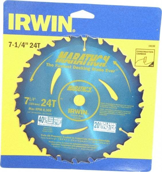 Irwin - 7-1/4" Diam, 5/8" Arbor Hole Diam, 24 Tooth Wet & Dry Cut Saw Blade - Carbide-Tipped, General Purpose Action, Diamond Arbor - Caliber Tooling