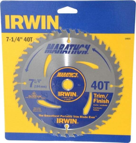 Irwin - 7-1/4" Diam, 5/8" Arbor Hole Diam, 40 Tooth Wet & Dry Cut Saw Blade - Carbide-Tipped, Finishing & Trimming Action, Diamond Arbor - Caliber Tooling