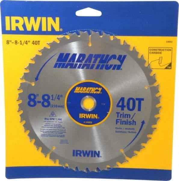 Irwin - 8-1/4" Diam, 5/8" Arbor Hole Diam, 40 Tooth Wet & Dry Cut Saw Blade - Carbide-Tipped, Finishing & Trimming Action, Diamond Arbor - Caliber Tooling