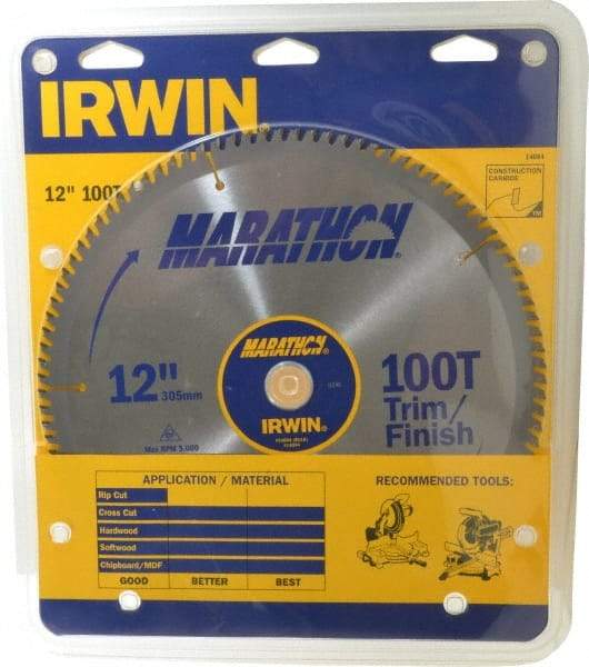 Irwin - 12" Diam, 1" Arbor Hole Diam, 100 Tooth Wet & Dry Cut Saw Blade - Carbide-Tipped, Finishing & Trimming Action, Standard Round Arbor - Caliber Tooling