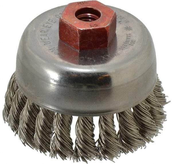 Anderson - 2-3/4" Diam, M10x1.50 Threaded Arbor, Stainless Steel Fill Cup Brush - 0.02 Wire Diam, 3/4" Trim Length, 14,000 Max RPM - Caliber Tooling