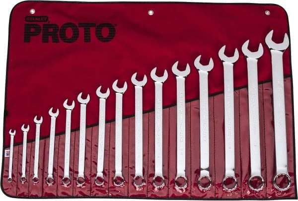 Proto - 15 Piece, 5/16" to 1-1/4", 12 Point Combination Wrench Set - Inch Measurement Standard, Full Polish Finish, Comes in Vinyl Roll - Caliber Tooling