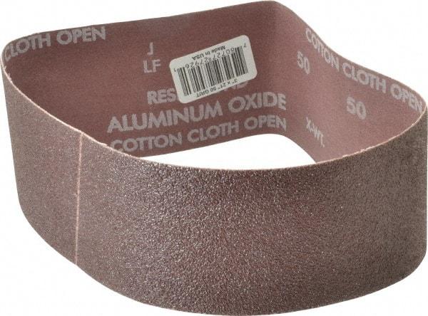 Norton - 3" Wide x 21" OAL, 50 Grit, Aluminum Oxide Abrasive Belt - Aluminum Oxide, Coarse, Coated, X Weighted Cloth Backing, Series R228 - Caliber Tooling