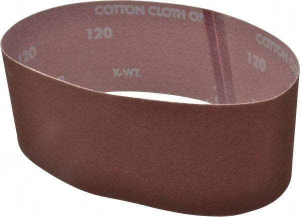 Norton - 3" Wide x 21" OAL, 120 Grit, Aluminum Oxide Abrasive Belt - Aluminum Oxide, Fine, Coated, X Weighted Cloth Backing, Series R228 - Caliber Tooling