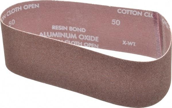 Norton - 3" Wide x 24" OAL, 50 Grit, Aluminum Oxide Abrasive Belt - Aluminum Oxide, Coarse, Coated, X Weighted Cloth Backing, Series R228 - Caliber Tooling