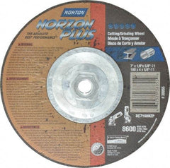 Norton - 7" Wheel Diam, 1/8" Wheel Thickness, Type 27 Depressed Center Wheel - Ceramic, 8,600 Max RPM, Compatible with Angle Grinder - Caliber Tooling