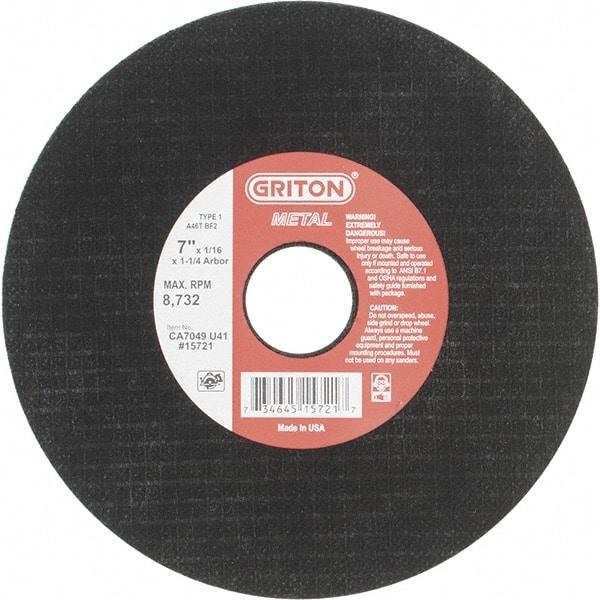 Value Collection - 7" 46 Grit Aluminum Oxide Cutoff Wheel - 1/16" Thick, 1-1/4" Arbor, 8,732 Max RPM, Use with Stationary Tools - Caliber Tooling