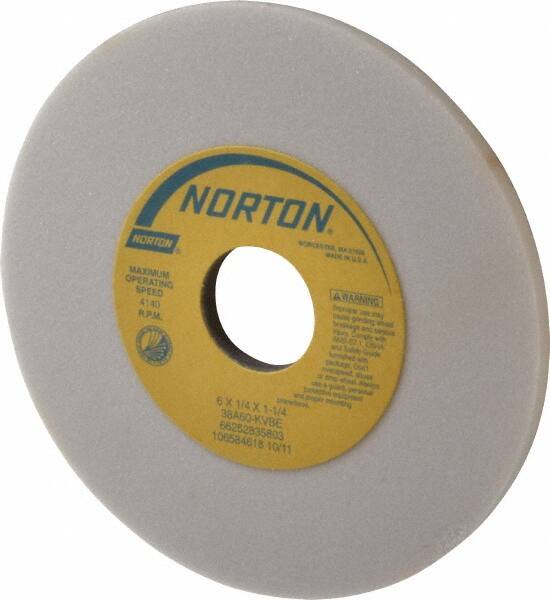 Norton - 6" Diam x 1-1/4" Hole x 1/4" Thick, K Hardness, 60 Grit Surface Grinding Wheel - Aluminum Oxide, Type 1, Medium Grade, 4,140 Max RPM, Vitrified Bond, No Recess - Caliber Tooling